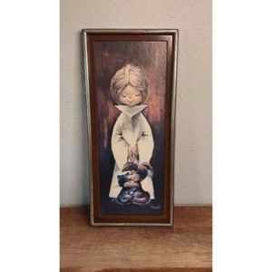 Mid Century Pictures1960's Vemet I.VEMET Litho Boy Cat Dog Wall Hanging art